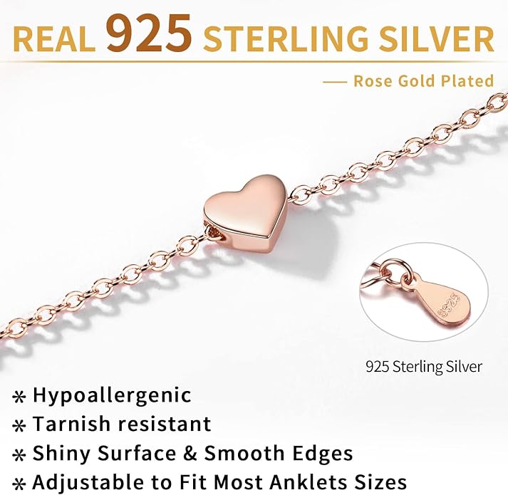 ChicSilver Personalized 925 Sterling Silver Tiny Heart/Moon/Star/Sun/Dot/Triangle Anklets Simple Dainty Foot Jewelry for Women, Silver/Gold Plated/Rose Gold Plated