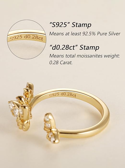 Moissanite Flower/Butterfly/Star Pretty Open Ring for Women, Adjustable Ring, Solid 925 Sterling Silver with Gold Plated, Stackable Ring, Birthday Valentines Anniversary Mothers Day Ideal Gift for Her
