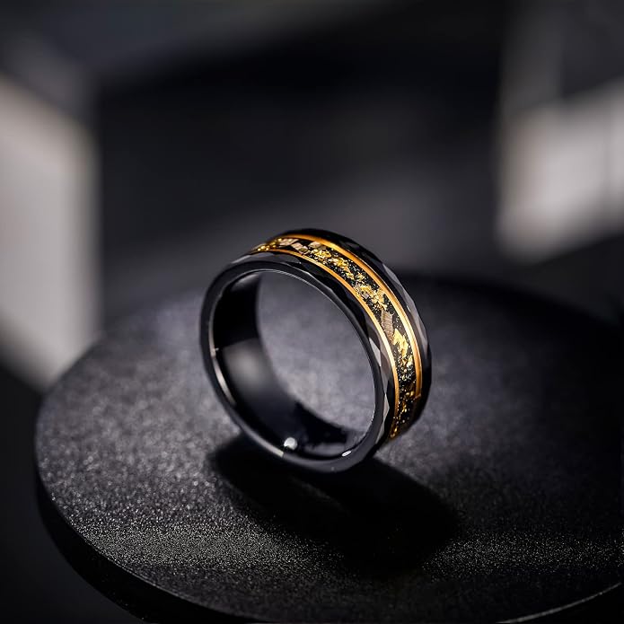 Greenpod 8MM Tungsten Carbide Rings for Men Hammered Polished Faceted Edge Wedding Band 24K Gold Plated Foil with Black Dinas Inlay Comfort Fit Size 7-13