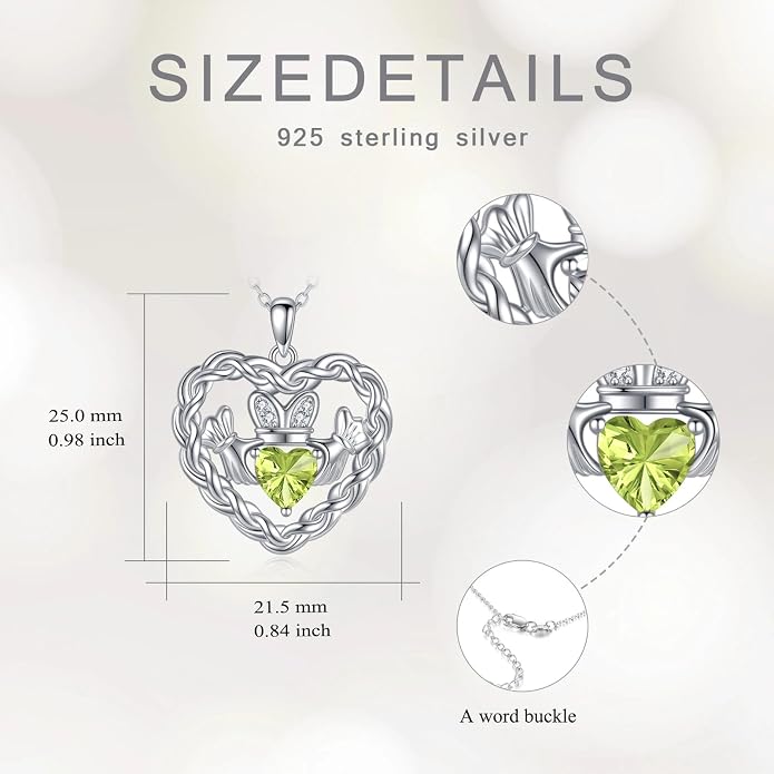 Birthstone Claddagh Heart Necklace 925 Sterling Silver Heart Celtic Knot Claddagh Necklace Pendant Irish Jewelry Gifts for Women Mom Wife Sister Christmas Birthday,18+2 inch
