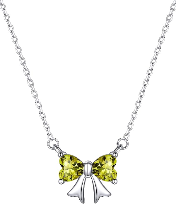 ChicSilver Bow and Cat Birthstone Necklace, 925 Sterling Silver Pendant Necklaces for Women, Hypoallergenic Silver Choker with 16 inch Rolo Chain, 12 Months Jewelry for Valentines Mothers Day Christmas