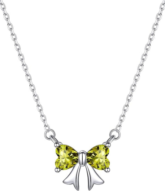 ChicSilver Bow and Cat Birthstone Necklace, 925 Sterling Silver Pendant Necklaces for Women, Hypoallergenic Silver Choker with 16 inch Rolo Chain, 12 Months Jewelry for Valentines Mothers Day Christmas