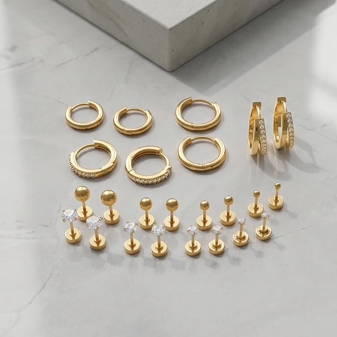 Stainless Steel Stud Earrings Set for Women Hypoallergenic Flat Back Cartilage Earrings Screw Back Huggie Hoop Earrings Multiple Piercing Cubic Zirconia Helix Tragus Jewelry