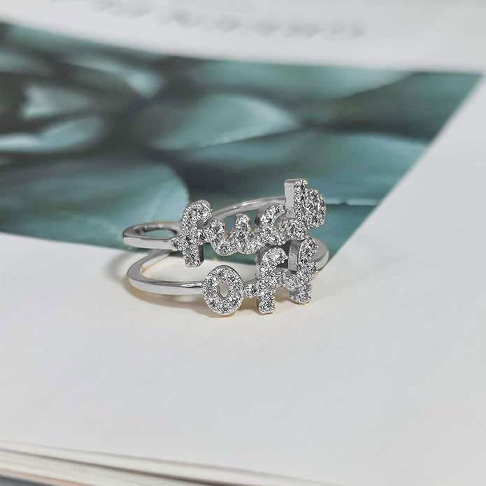 MOROTOLE Women Statement Letters Personalized Ring 18K Gold Plated Open Rings Hypoallergenic Cubic Zirconia Adjustable Rings for Women