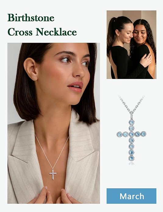 Sterling Silver Cross Necklace for Women Birthstone Religious Jewelry