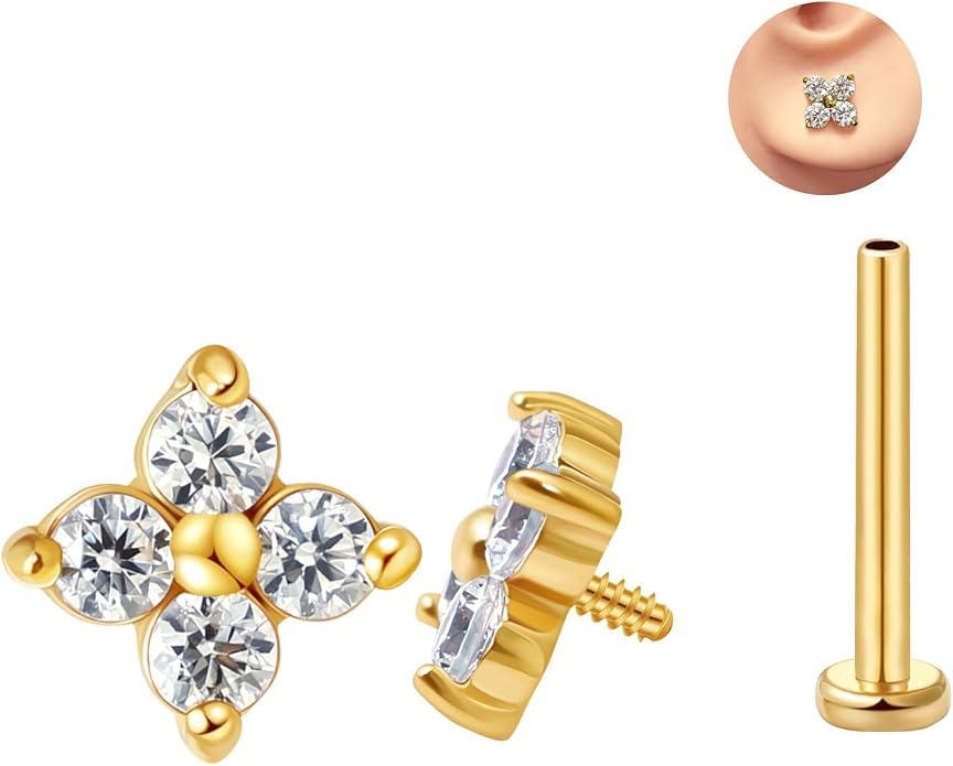 FANSING CZ Flower Internally Threaded Flat Back Earring Labret Stud for Cartilage Tragus Helix Conch