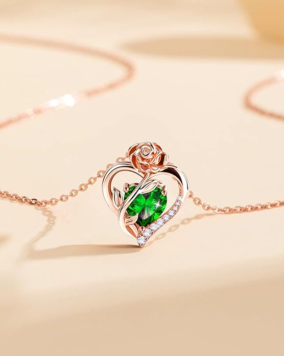 Anniversary Birthday Gifts for Women - Heart Birthstone Necklace: 925 Sterling Silver Rose/White/Yellow Gold Pendant Necklaces Gold Jewelry Gift for Wife Girlfriend Mom Daughter Grandma
