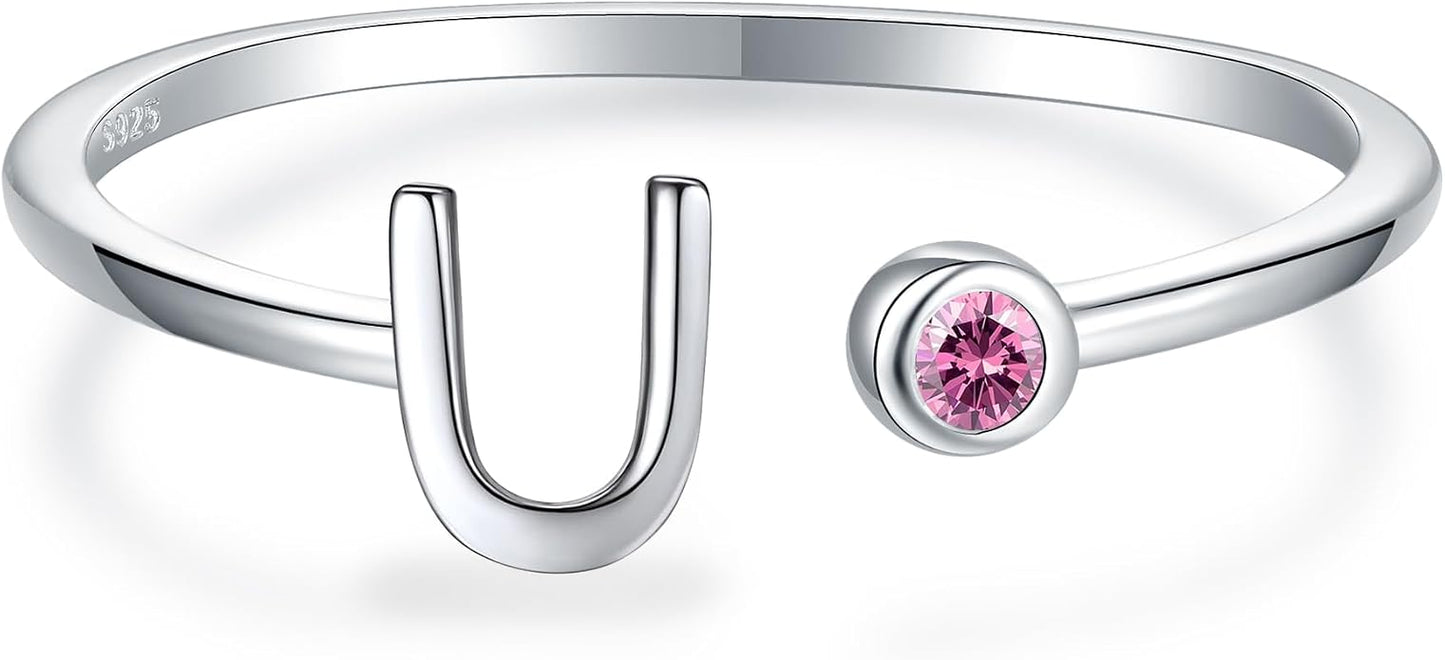 925 Sterling Silver Initial Letter Birthstone Rings for Women Adjustable 1-12 Month Birthstone Alphabet Stacking Ring for Teens Girls Stackable Birthstone Rings Birthday Jewelry Gift for Daughter Mom