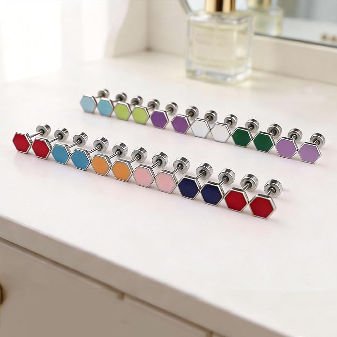 JMLOON 12 Pairs Enamel Flat Back Stud Earrings Surgical Stainless Steel Round Heart Star Square Hexagon Screw Back Stud Earrings
