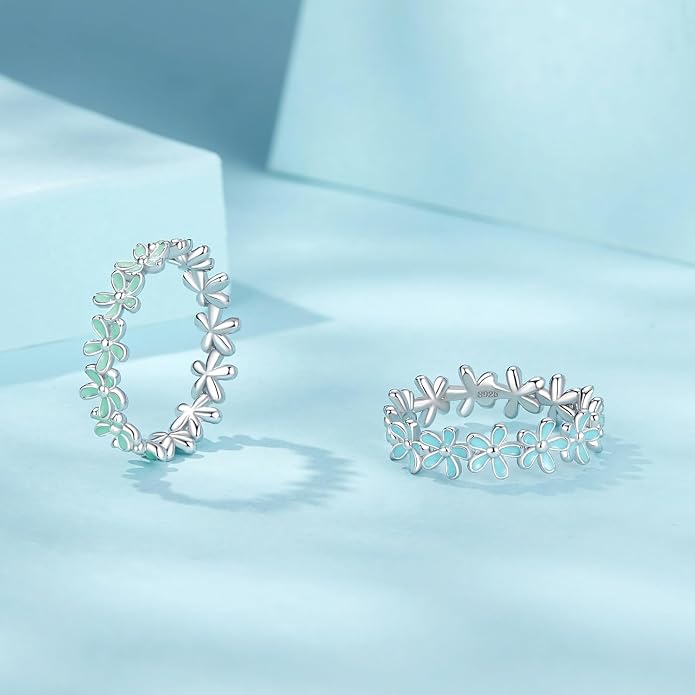 MUNDELL 925 Sterling Silver Dainty Daisy Rings Blue Flower Finger Rings for Women Stacking Promise Rings Fine Jewelry