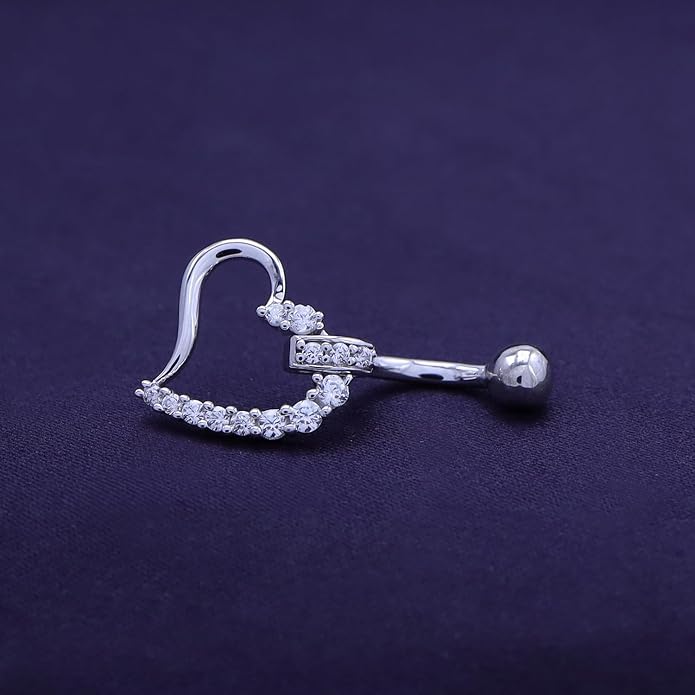 AFFY Women's Heart Charm Belly Ring with Round White Cubic Zirconia in 14K Gold Plated 925 Sterling Silver, Dangle Navel Piercing Jewelry for Her