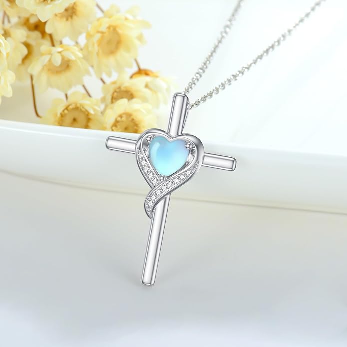TOUPOP Birthstone Cross Necklace for Women 925 Sterling Silver Heart Cross Pendant Necklace Mothers Day Birthday Jewelry Gifts for Mom Wife Her