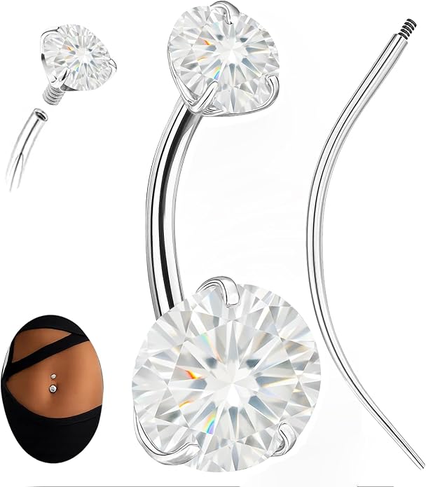 Sparkling Moissanite Belly Button Ring, 14G G23 Surgical Grade Titanium with 14K Gold Plated | Internally Threaded & Hypoallergenic for Sensitive Skin | Unisex Body Jewelry