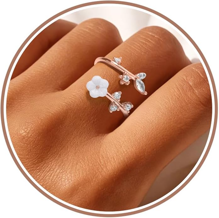 Gold Birthstone Rings for Women Non Tarnish Fashion Stackable Dainty 14KGold PlatedSilver/Rose Adjustable Emerald Green Ring Cubic Zirconia Gemstone Cute Pearl Shell Flower Promise Ring Engagement Birthday Gifts