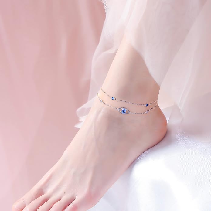 Anklets for Women 925 Sterling Silver Blue Evil Eye Infinity Butterfly Adjustable Multilayer Layered Summer Beach Ankle Bracelet Foot Chain Jewelry for Women