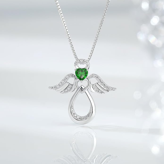 925 Sterling Silver Guardian Angel Pendant Necklace for Women with Birthstone Cubic Zirconia Little Angel Pendant Necklace Jewelry 18 inch Chain