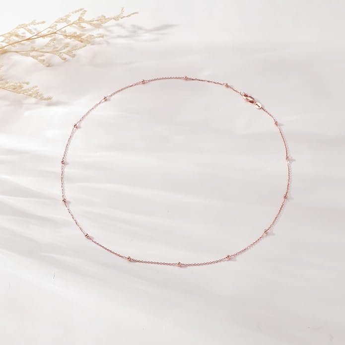 Carffordo 925 Sterling Silver Chain Necklace 16K Gold Plated Beaded Chain Necklace for Women Simple Dainty Choker Necklace Satellite Waterproof Link Necklace Trendy Jewelry Gifts