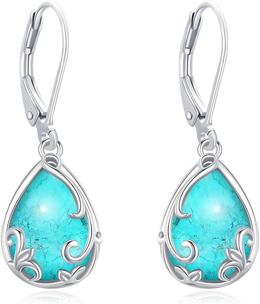 Dangle Earrings Sterling Silver Moonstone/Turquoise/CZ/Crystal Earrings for Women Tree of Life Animal Filigree Leverback Earrings Jewelry Gifts