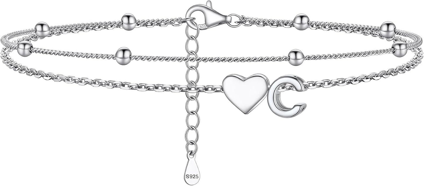 PROSILVER Ankle Bracelets for Women S925 Sterling Silver Anklets for Women Waterproof, Dainty Layered Heart Anklet, Beach Initial Anklet for Summer, Letter A-Z