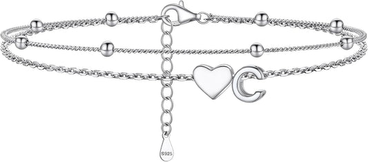 PROSILVER Ankle Bracelets for Women S925 Sterling Silver Anklets for Women Waterproof, Dainty Layered Heart Anklet, Beach Initial Anklet for Summer, Letter A-Z