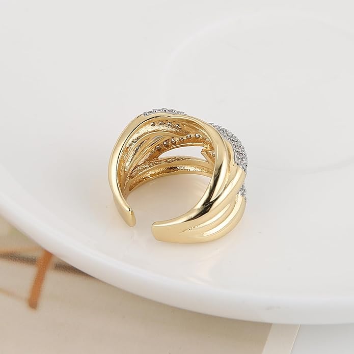 HZMAN 14K Gold Plated Brass Open Ring Collection for Women, Non-Adjustable Crystal Inlay Statement Rings, Wide Band Cocktail Jewelry Assorted Styles