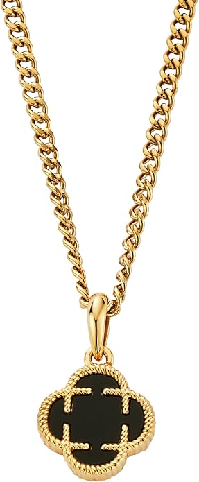 CRAFTD - Black Onyx Clover Stone Pendant Necklace - A Symbol of Luck - 20.5" (2mm) Cuban Link Chain - Mens Jewlery - Hypoallergenic - Waterproof, Heat & Sweat Resistant