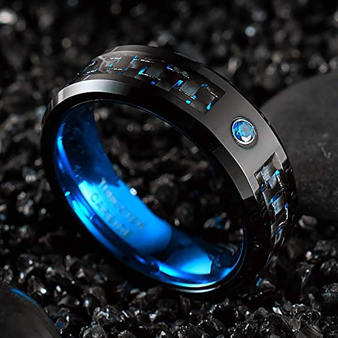 NUNCAD Men's 8mm Black Tungsten Carbide Ring Blue Rings for Men Carbon Fiber Polished Wedding Band Finish Comfort Fit Size 6-15