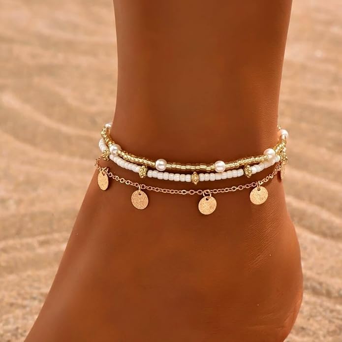 Ankle Bracelets for Women Stretch Boho Pearl Bead Gold Anklets Layered Sequins Foot Chain Hawaiian Beach Conch Summer Vacation Travel Foot Jewelry