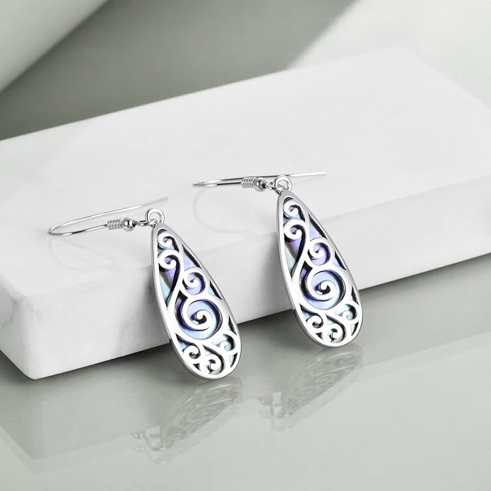 TIGER RIDER Abalone Shell 925 Sterling Silver Dangle Earrings Lightweight Filigree Dangle Drop Earrings for Women