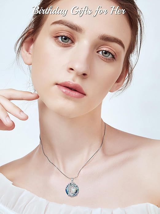 TOUPOP Tree of Life Birthstone Necklace Sterling Silver Pendant Birthstone Necklaces with Blue Crystal Anniversary Birthday Jewelry for Women Mom Wife Her