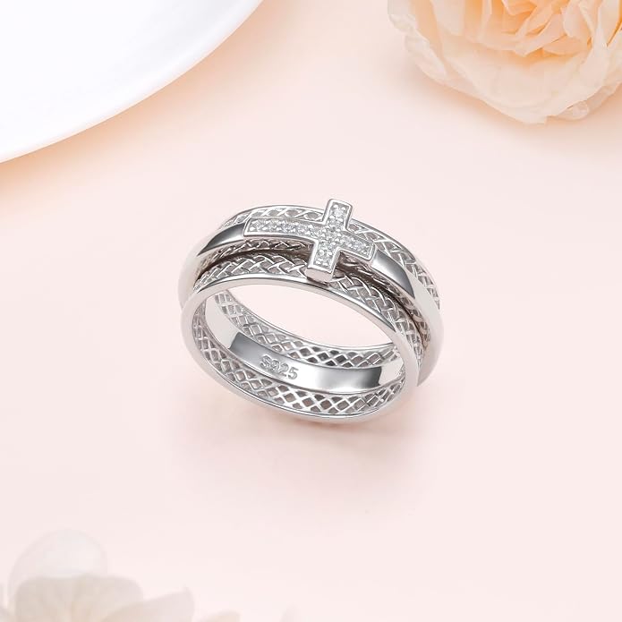 Alphm S925 Sterling Silver Spinner Fidget Anxiety Worry Relieving Boredom ADHD Autism Band Rings