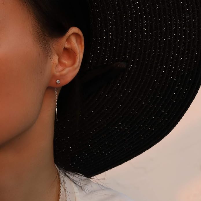 S.Leaf Gold Chain Threader Earrings for Women Trendy 925 Sterling Silver Hypoallergenic Cubic Zirconia Backless Ardant Chain Duster Threader Double Piercing Pull Through Earrings for Women Girls Birthday Gifts