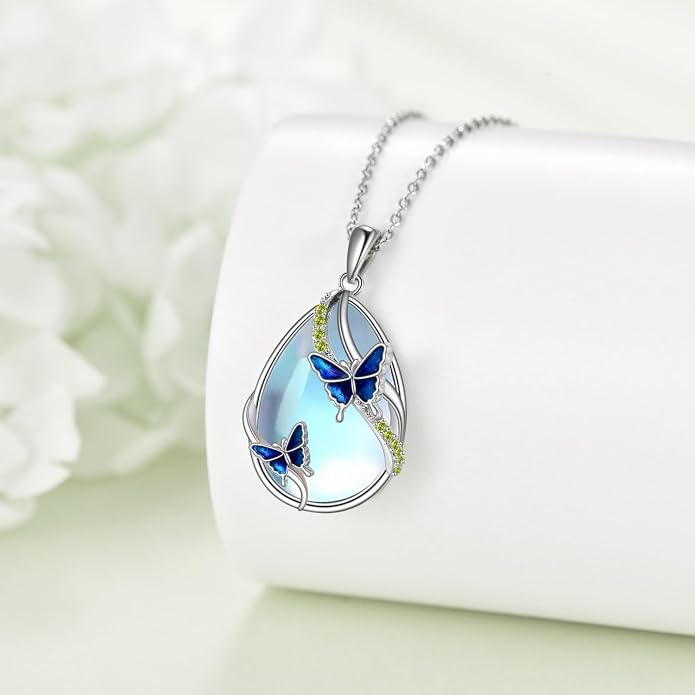 KQF Dragonfly/Butterlfy/Cat/Jellyfish/Bunny/Axolotl/Bee/Mermaid/Hummingbird/Elephant Necklace for Women Sterling Silver Moonstone Pendant Necklace Dragonfly Jewelry Gifts for Women