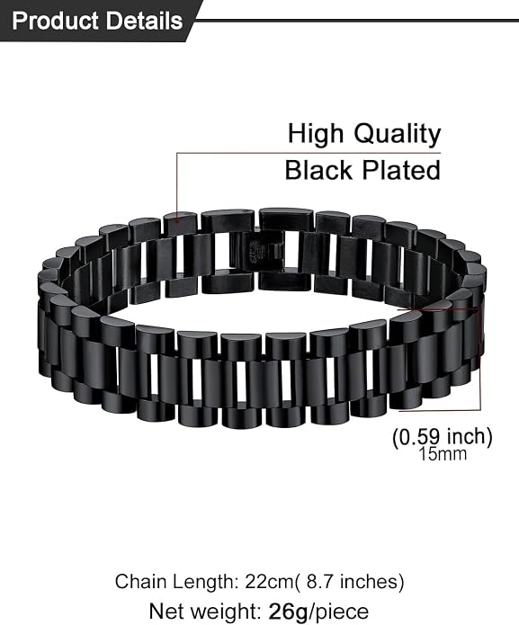 U7 Link Bracelets for Men, Cuban Link/Rope/Watch Band Solid Bracelet, Silver Black Gold Color Wrist Bracelet 3/6/9/12/15mm Width, 6.5/7.5/8.3 Inch Length, Hand Chain Jewelry for Mens Women