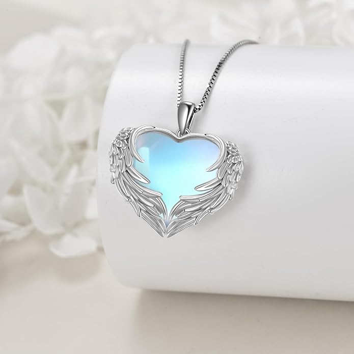 Angel Wings Necklace for Women 925 Sterling Silver Birthstone Guardian Necklace Jewelry Angel Wings Moonstone, Crystal Pendant Jewelry Gifts