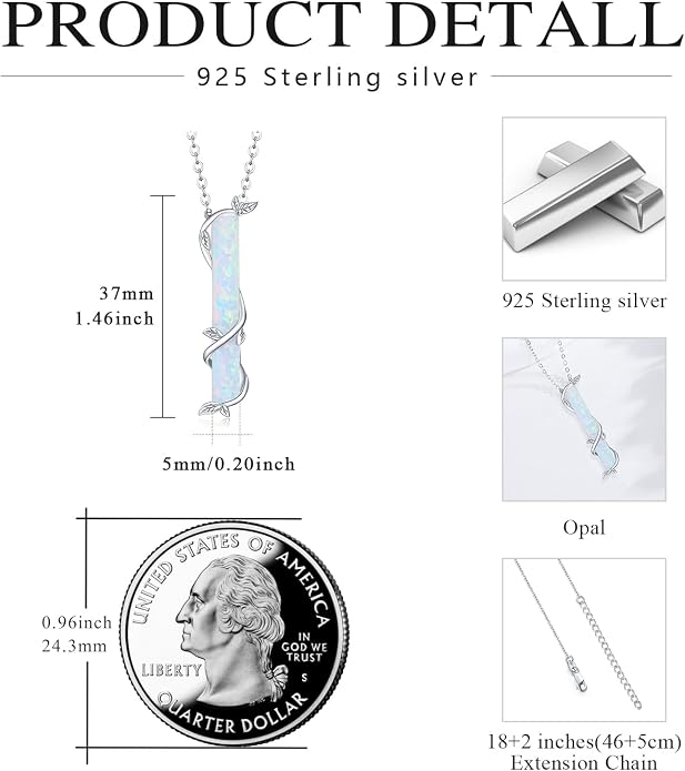 Bar Opal Leaf Necklace For Women S925 Sterling Silver White Opal Pendant with Leaf Charm Bar Pendant Jewelry Gift For Mom Daughter Wife