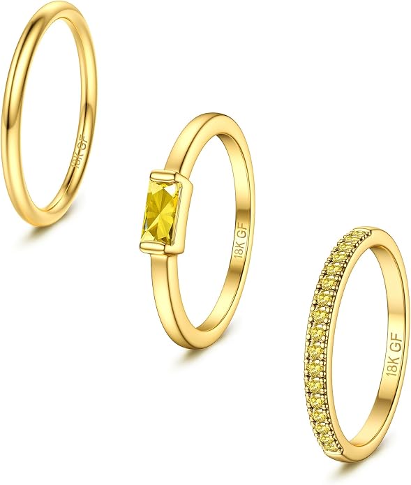 Gold Stackable Birthstone Rings for Women - 18K Gold Filled Non Tarnish Dainty Gold Stacking Rings Set - Cubic Zirconia Thumb Knuckle Ring Wedding Engagement Ring for her Gifts Size 6 7 8 9 10 3pcs