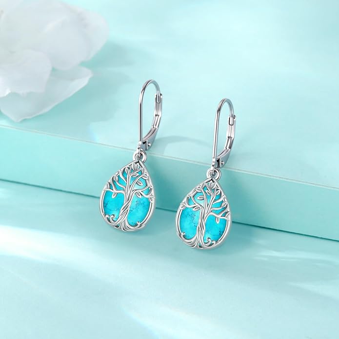 Eusense Sterling Silver Dangle Earrings for Women Tree of Life Animals Moonstone Turquoise Leverback Earrings Jewelry Gifts