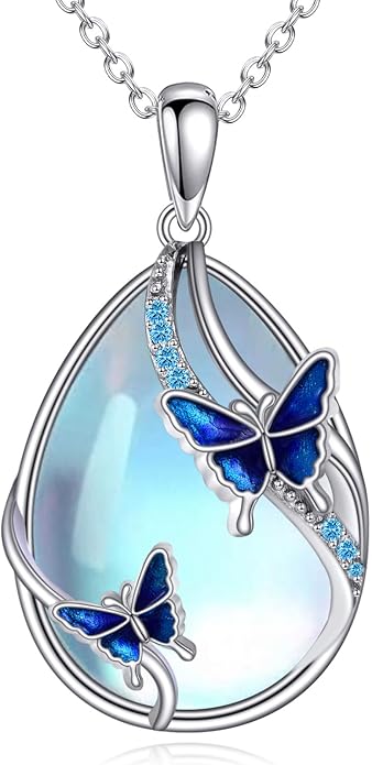 KQF Dragonfly/Butterlfy/Cat/Jellyfish/Bunny/Axolotl/Bee/Mermaid/Hummingbird/Elephant Necklace for Women Sterling Silver Moonstone Pendant Necklace Dragonfly Jewelry Gifts for Women