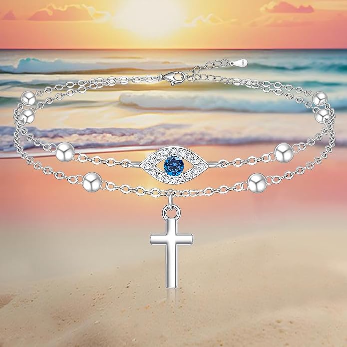 Evil Eye Anklet Sterling Silver Infinity Lotus Flower Evil Eye Anklets for Women Ankle Bracelets Turkish Blue Eyes Protection Chain Jewelry