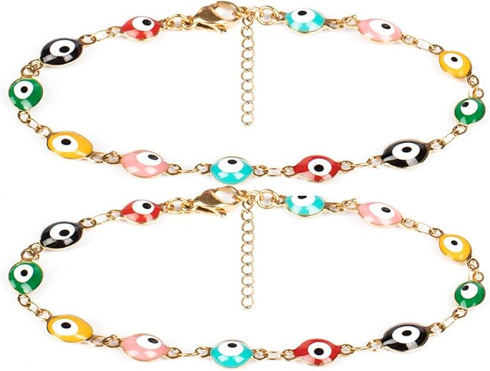 2 Pcs Evil Eye Anklet Bracelets for Women Men,18K Gold Plated Stainless Steel, Handmade Adjustable Amulet, Evil Eyes Jewelry for Family Best Friends
