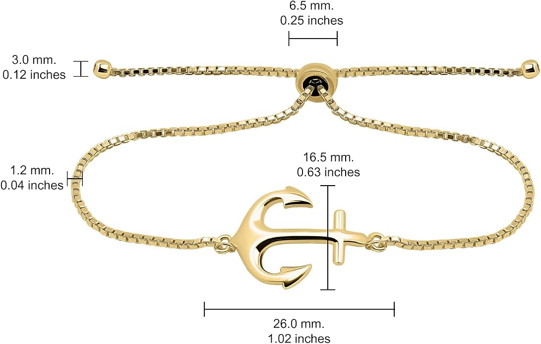 Hoops & Loops 925 Sterling Silver Sailor Anchor High Polished Hypoallergenic Anti-Tarnish Adjustable Bracelet for Women Men, Silver, Yellow Gold & Rose Gold