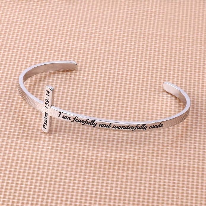 M MOOHAM Cross Bracelet - Christian Gifts for Mom Daughter Friends Teacher Women - Engraved Quote Religious Cuff Bangle Bible Verse Confirmation Baptism Gifts