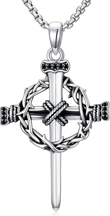 Crown of Thorns Necklace for Men 925 Sterling Silver Nail Cross Necklace Pendant Religious Christian Jewelry Valentines Day Gifts for Men