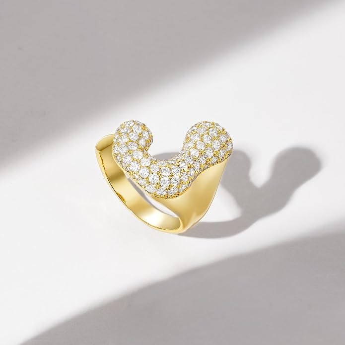 KissYan Bubble Initial Ring for Women, 14K Gold Plate Balloon Jumbo Letter Rings Open Adjustable Dainty Pave CZ Personalized Fashion Jewelry Gift for Mother's Day
