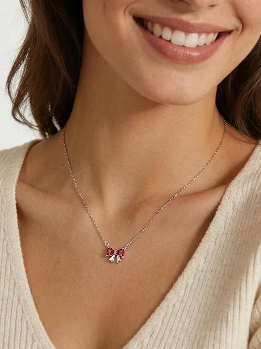 ChicSilver Bow and Cat Birthstone Necklace, 925 Sterling Silver Pendant Necklaces for Women, Hypoallergenic Silver Choker with 16 inch Rolo Chain, 12 Months Jewelry for Valentines Mothers Day Christmas