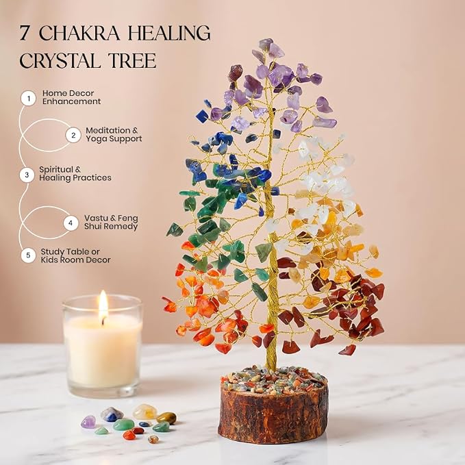 7 Chakra Tree of Life - Crystal Tree of Life, Gemstone Tree for Positive Energy, Feng Shui Tree Decor, Seven Chakra Tree, Money Tree Bonsai, Crystal Healing Stone Tree, Spiritual Gift Home Decor 10"