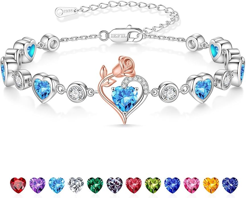 Iefil Birthstone Bracelets for Women - 925 Sterling Silver Rose Heart Charm Bracelets, Anniversary Birthday Gifts for Women Wife Mom Girlfriend Daughter, 6"+2"
