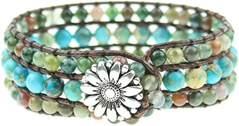 YGLINE Boho Handmade Natural Stone Bead 3 Row Wide Wrap Wrist Statment Bracelet Jewelry Collection