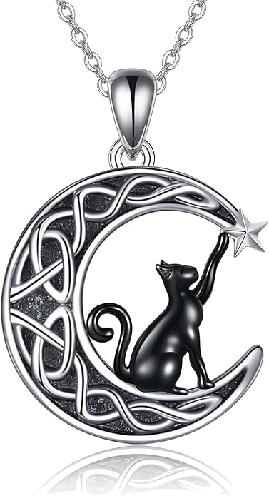 Celtic Moon Black Cat Necklace for Women - Abalone Tree of Life Sterling Silver Cat Lovers Jewelry
